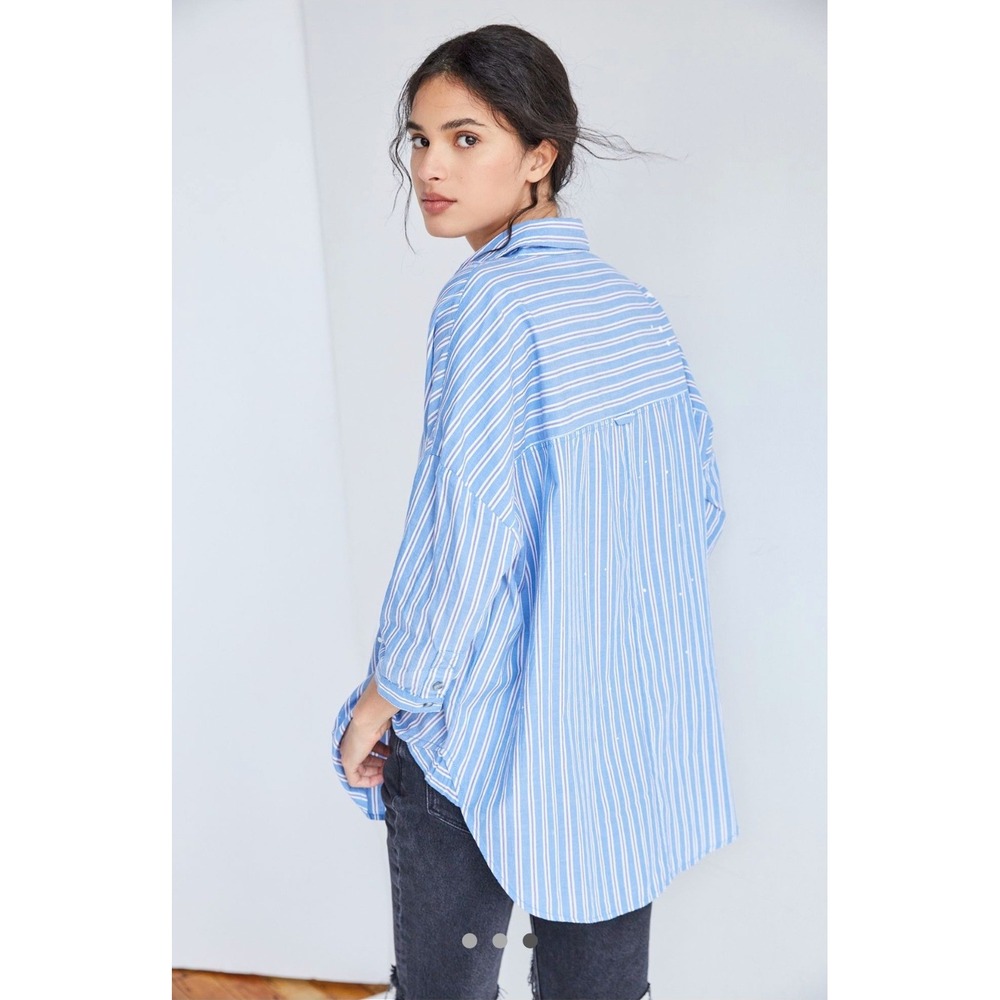 PILCRO The Bo Boyfriend Buttondown Women M L Blue Striped Paint Splatter Shirt - Picture 2 of 16